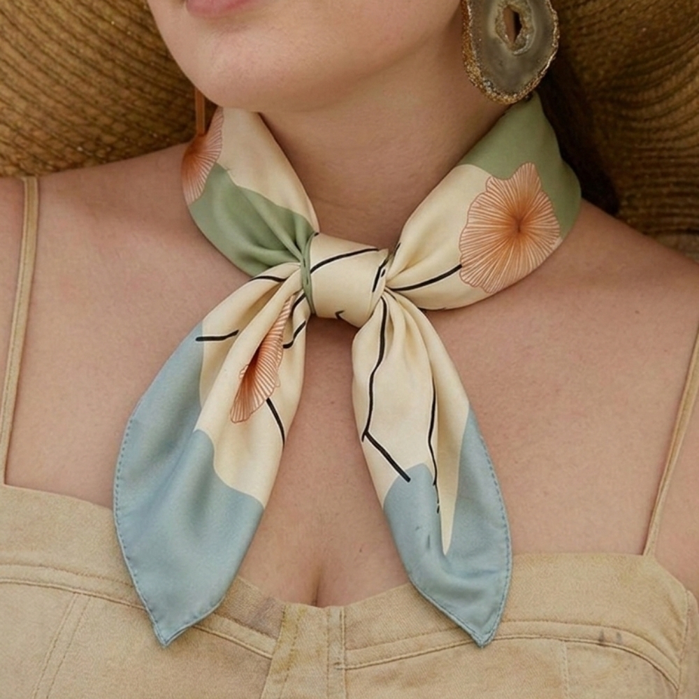 NWT Sage Cream Ginkgo Leaf Silky Satin Square Scarf Neck Scarf Headscarf 27.5"